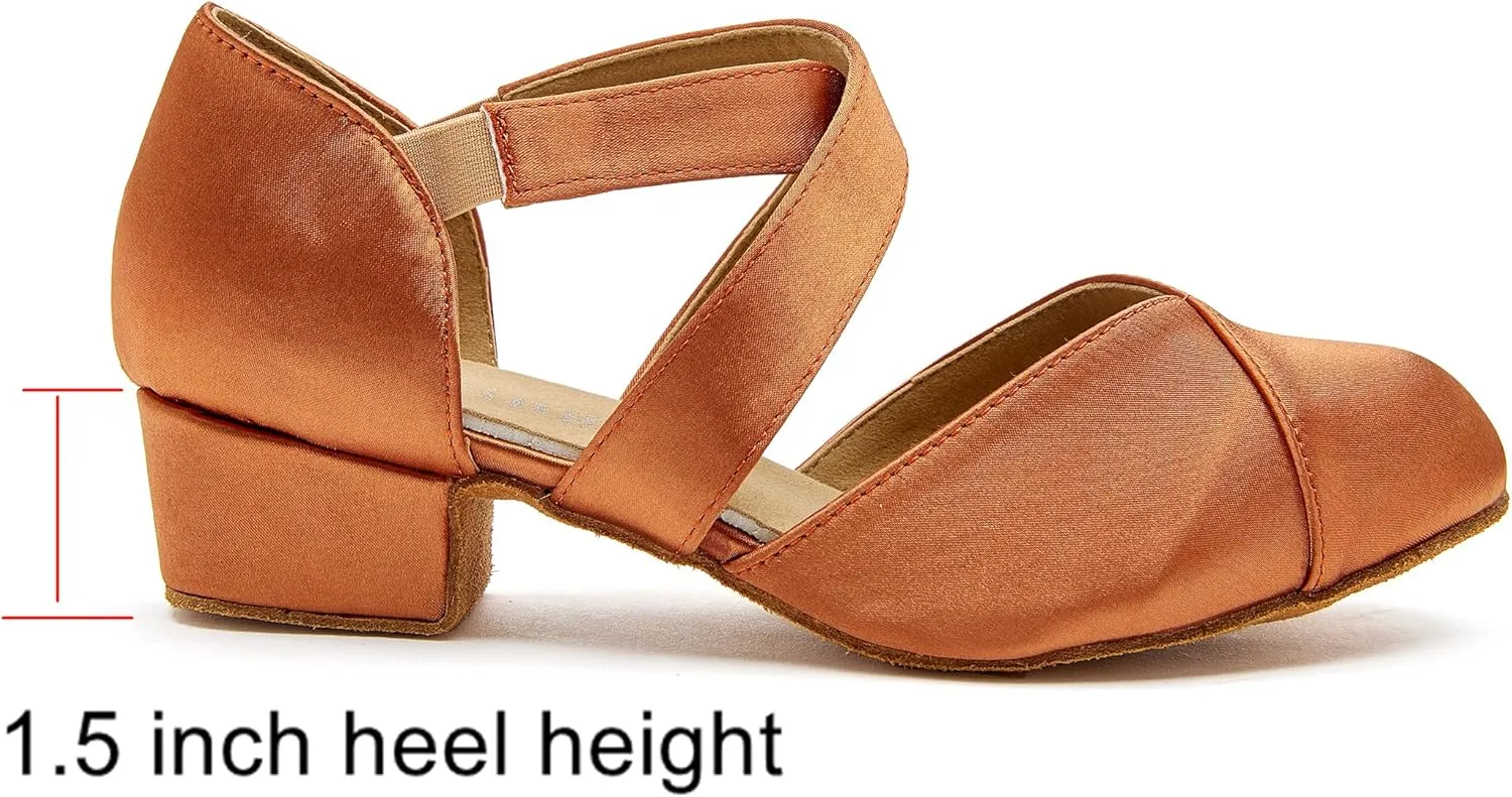 YYTing Women Swing Latin Ballroom Dance Shoes (Closed Toe, Suede Sole, Elastic Closure) 1.5 inch Heel YT26