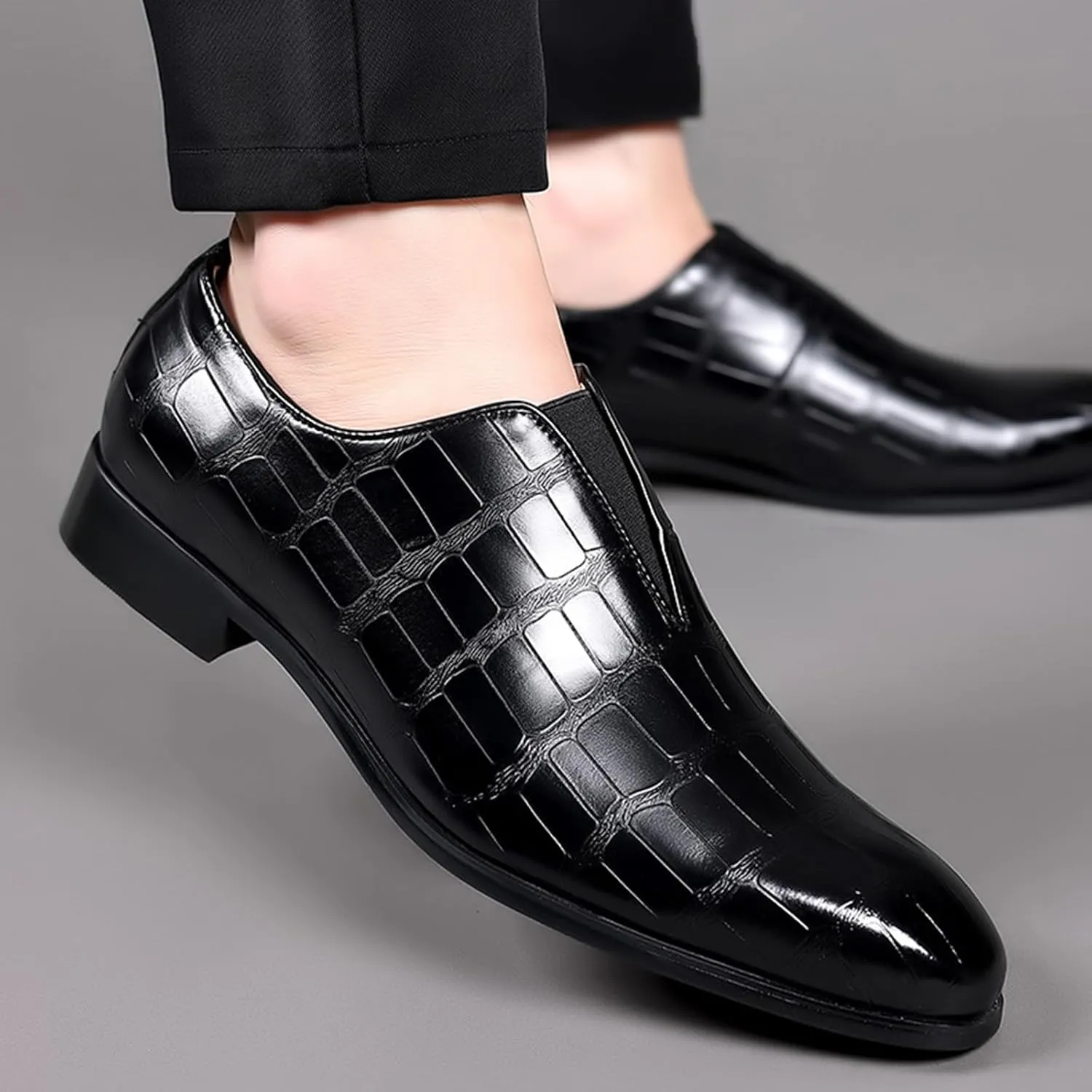 Zeberfi Men's Stone Pattern Leather Slip On Dress Loafers Fashion Elastic Strap Pointed Toe Low Top Non-Slip Luxury Business Formal Shoes