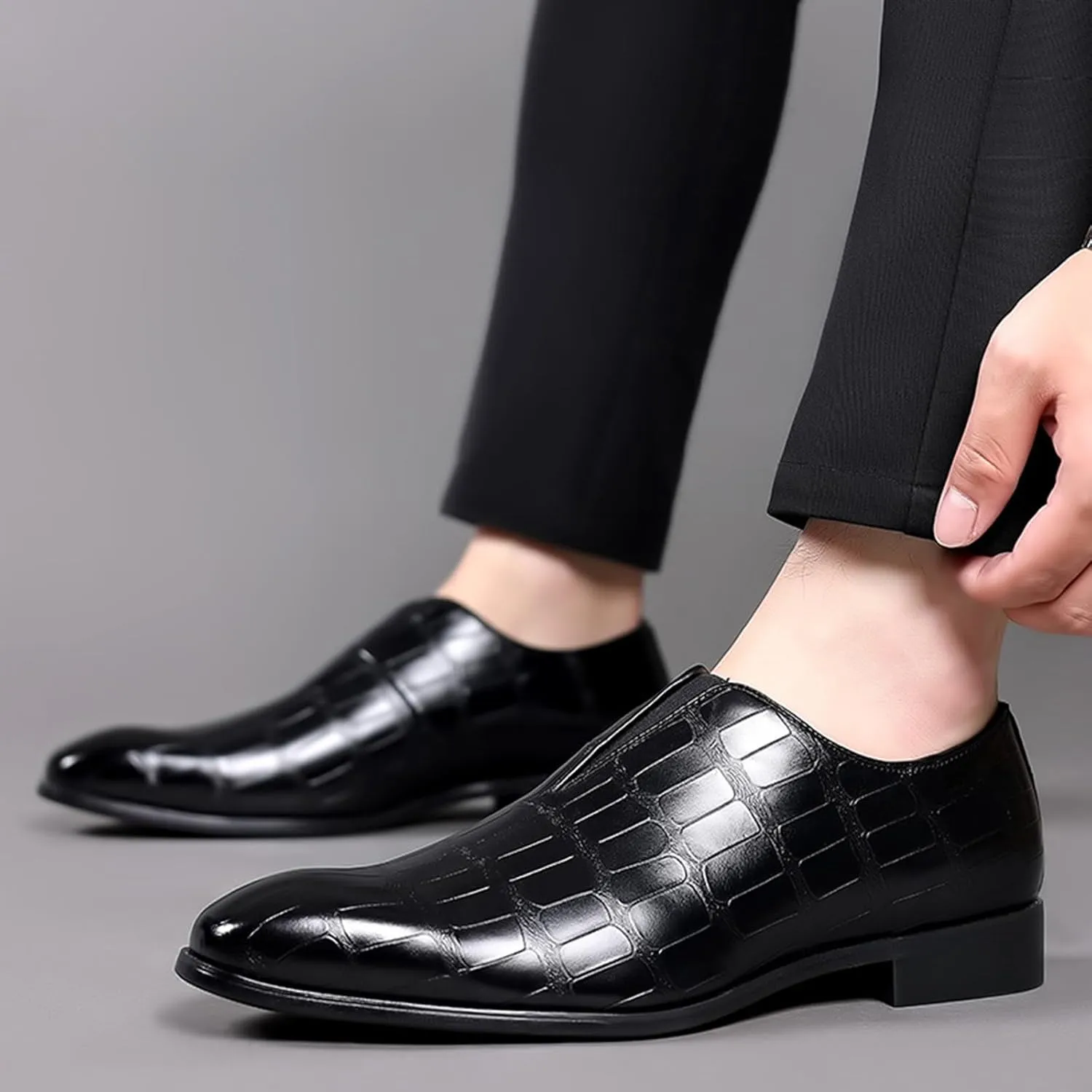 Zeberfi Men's Stone Pattern Leather Slip On Dress Loafers Fashion Elastic Strap Pointed Toe Low Top Non-Slip Luxury Business Formal Shoes