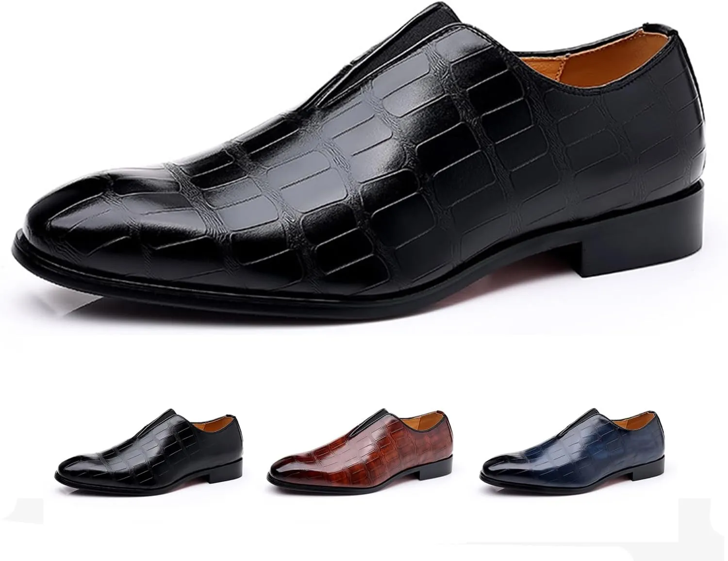 Zeberfi Men's Stone Pattern Leather Slip On Dress Loafers Fashion Elastic Strap Pointed Toe Low Top Non-Slip Luxury Business Formal Shoes