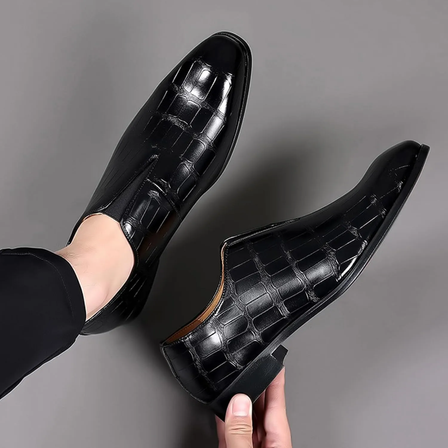 Zeberfi Men's Stone Pattern Leather Slip On Dress Loafers Fashion Elastic Strap Pointed Toe Low Top Non-Slip Luxury Business Formal Shoes