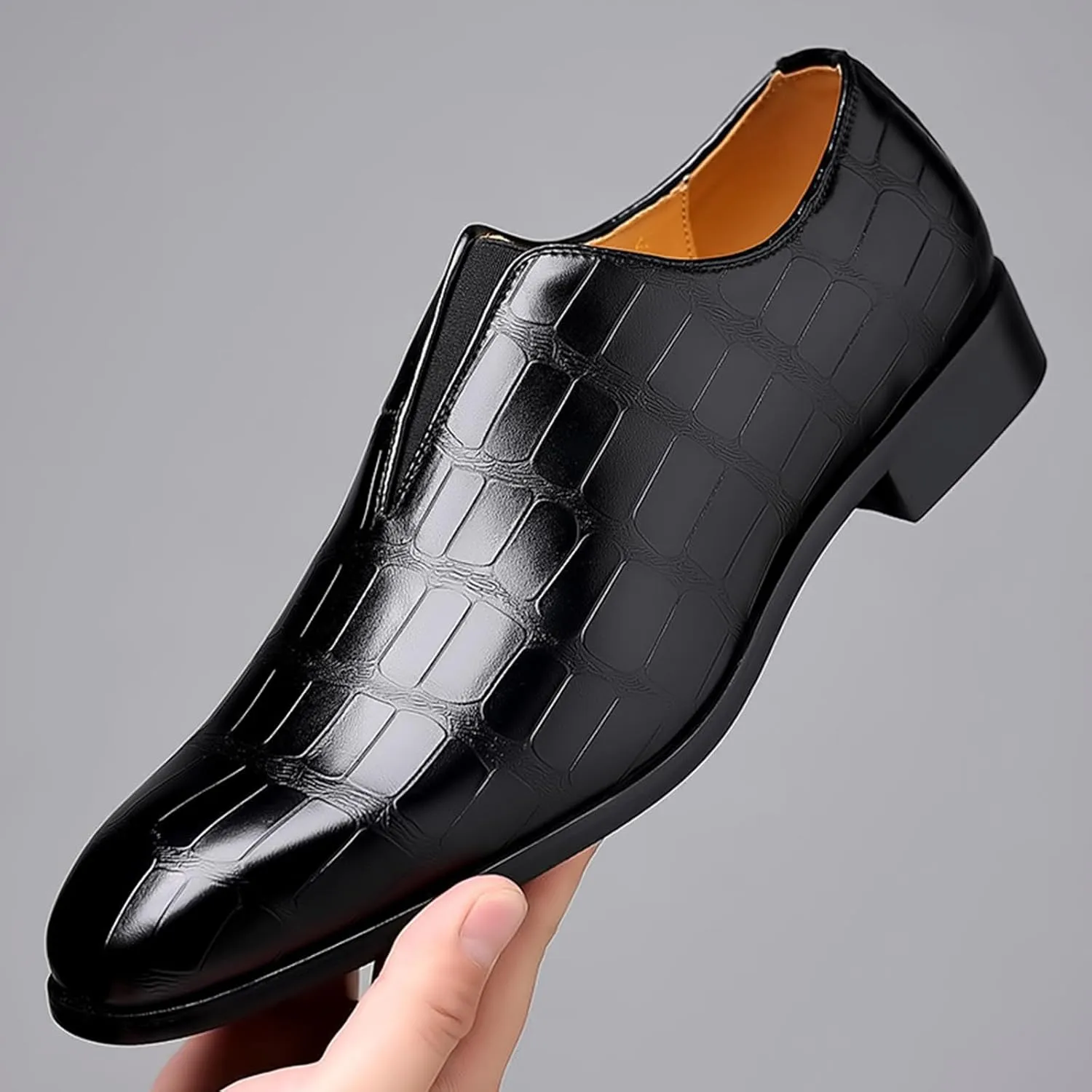 Zeberfi Men's Stone Pattern Leather Slip On Dress Loafers Fashion Elastic Strap Pointed Toe Low Top Non-Slip Luxury Business Formal Shoes