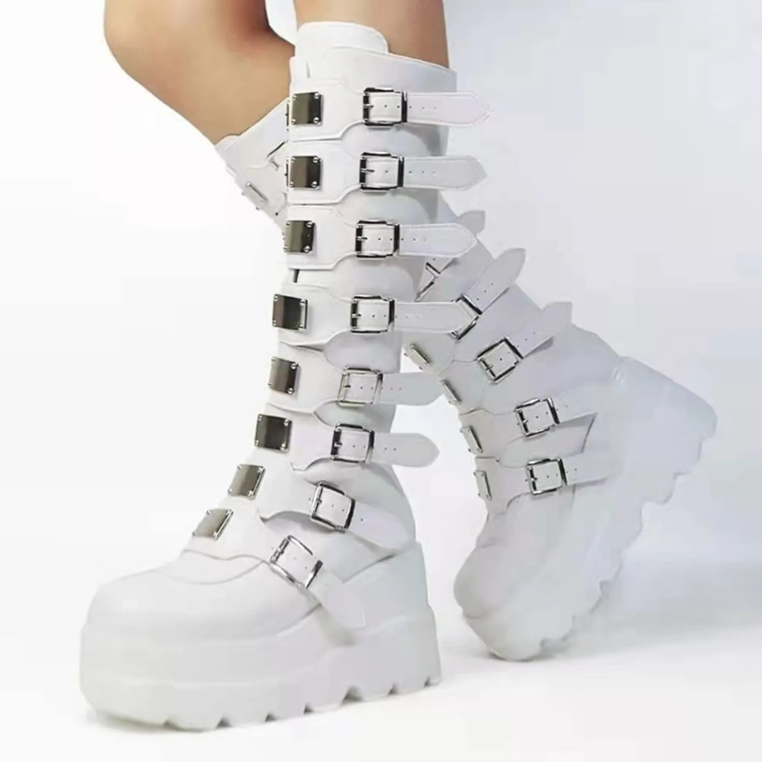 ZKXYFFS Women's Punk Goth Platform Boots Buckle Straps Back Zipper Gothic Boots Ladies Rivets Metal Decoration Long Boots Knee High Tall Boots Motorcycle Combat Boots