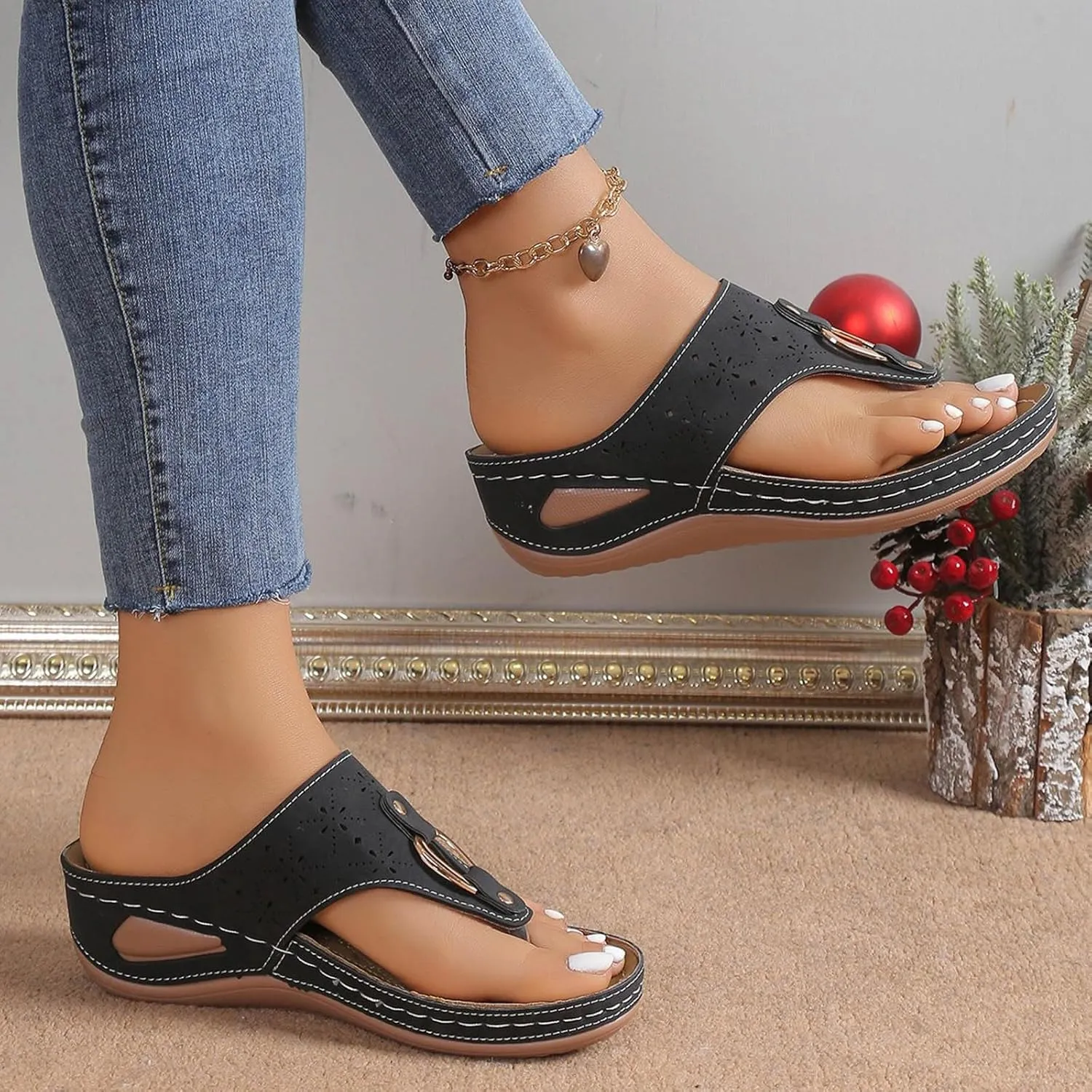 ZSpzx Orthopedic Sandals for Women,2025 Arch Support Wedge Flip Flops Slide Dressy Summer Open Toe Slip on Sandalias Comfortable Slides Slippers Metal Plantar Fasciitis Walking Beach Shoes
